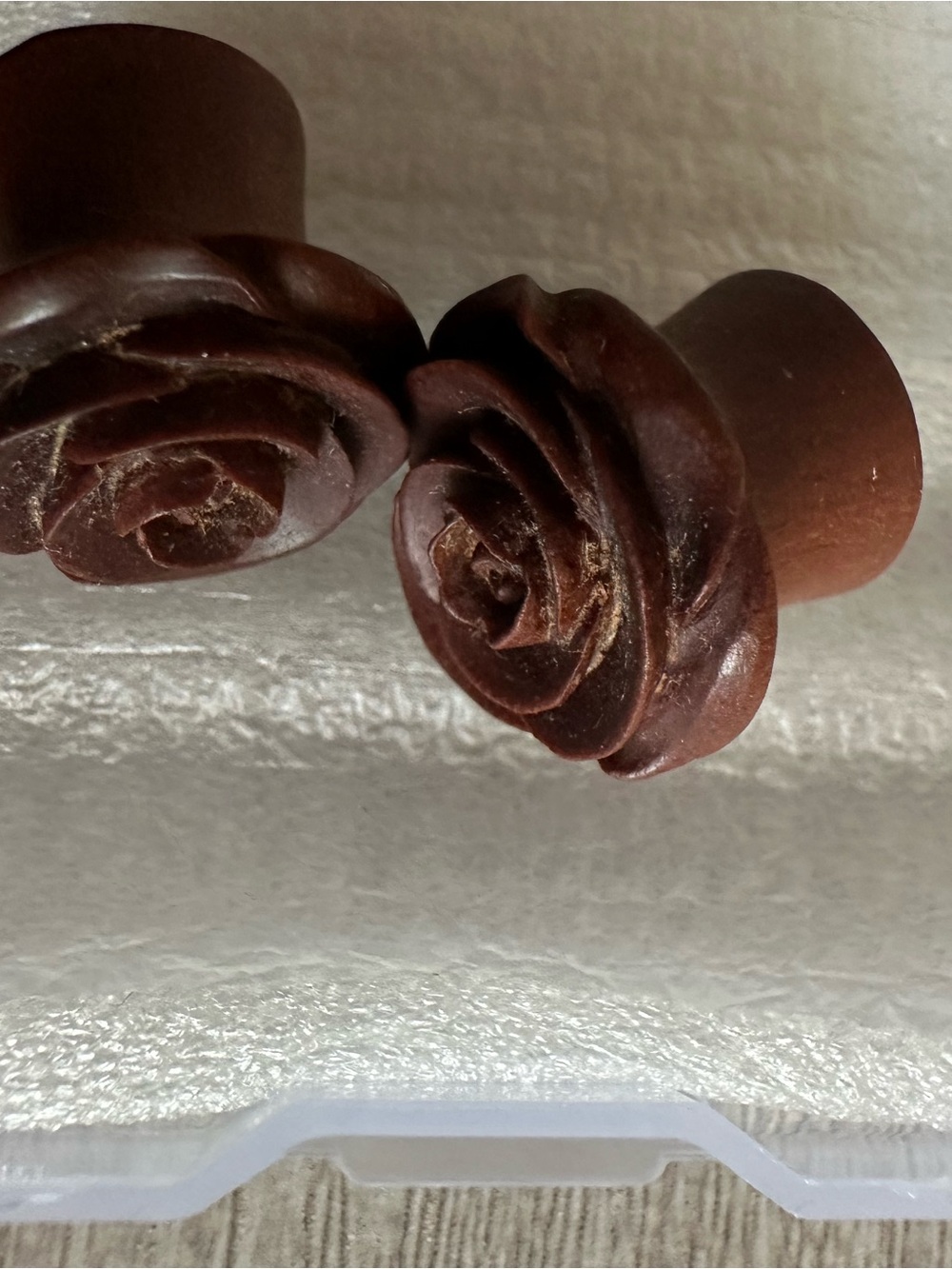 Handmade Rose Wood Ear Plugs - Deep Brown Floral Gauges